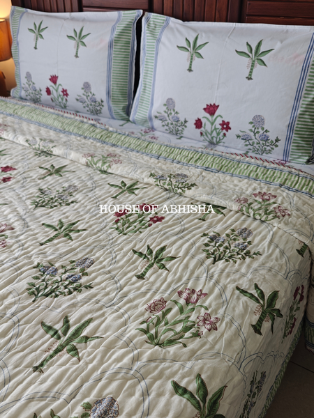 Island Beauty Handblock Bedsheet + Quilt Combo Set