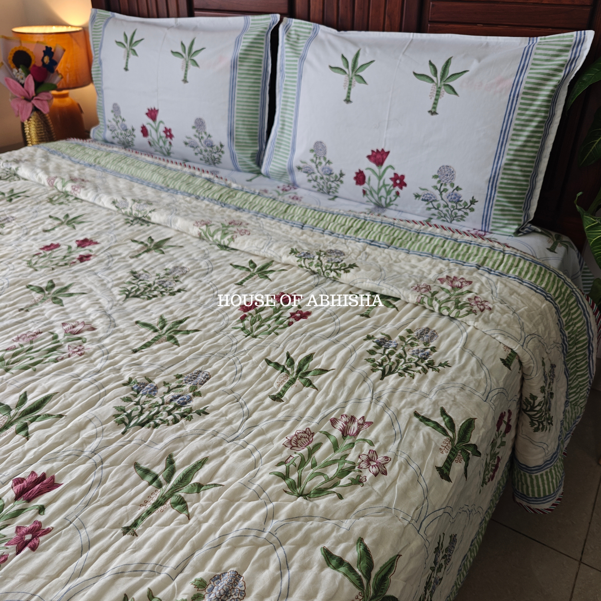Island Beauty Handblock Bedsheet + Quilt Combo Set