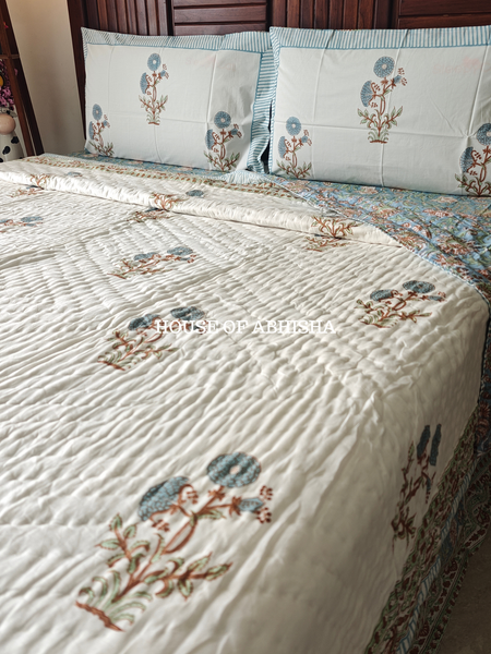 Aprajita Handblock Bedsheet + Quilt Combo Set