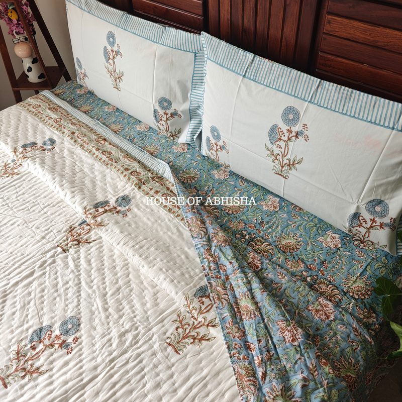 Aprajita Handblock Bedsheet + Quilt Combo Set