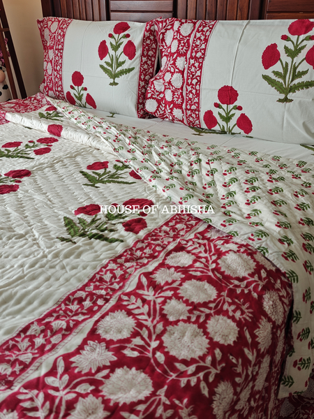 Gul-e-Bahar Handblock Bedsheet + Quilt Combo Set