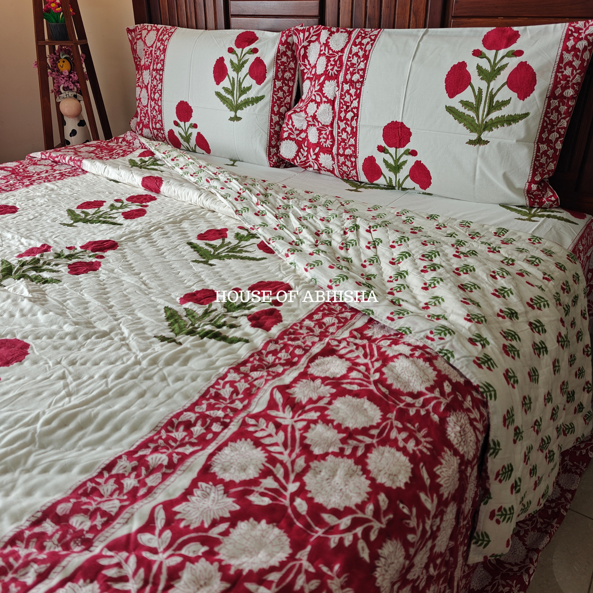 Gul-e-Bahar Handblock Bedsheet + Quilt Combo Set