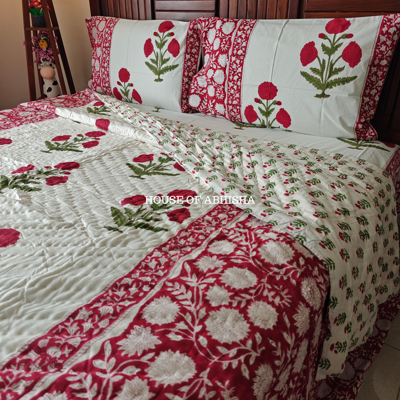 Gul-e-Bahar Handblock Bedsheet + Quilt Combo Set