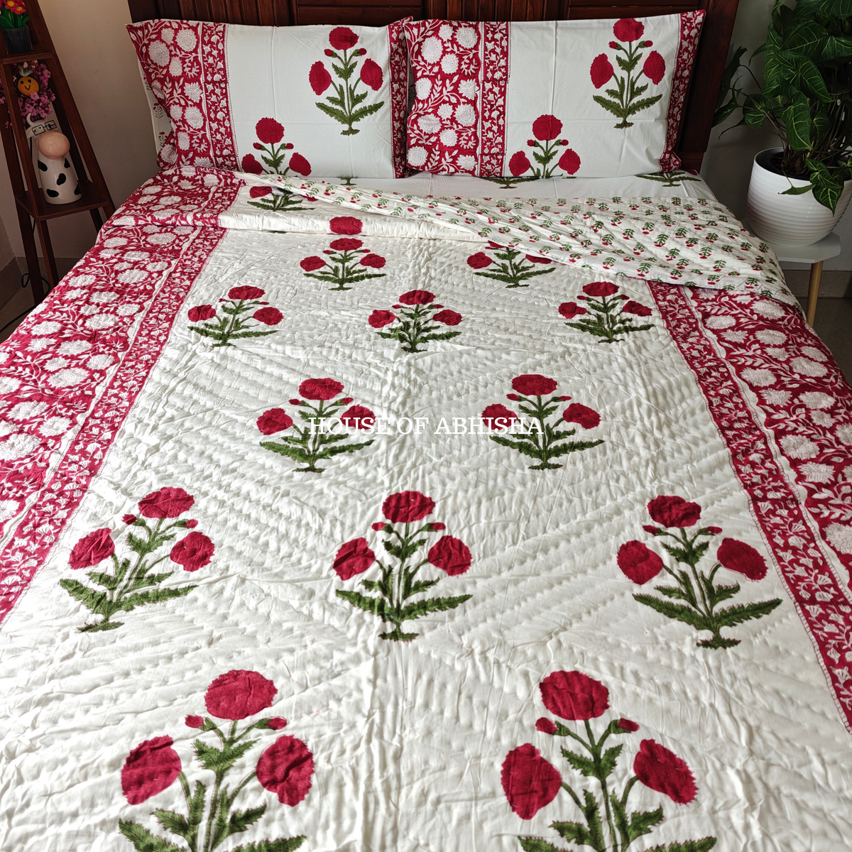 Gul-e-Bahar Handblock Bedsheet + Quilt Combo Set