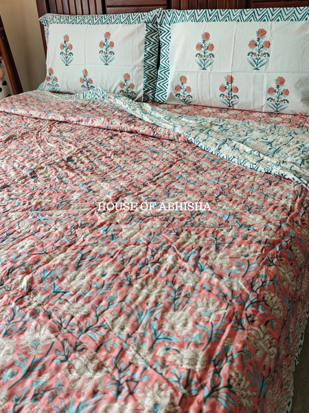 Rangrez Handblock Bedsheet + Quilt Combo Set