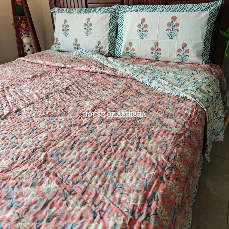 Rangrez Handblock Bedsheet + Quilt Combo Set