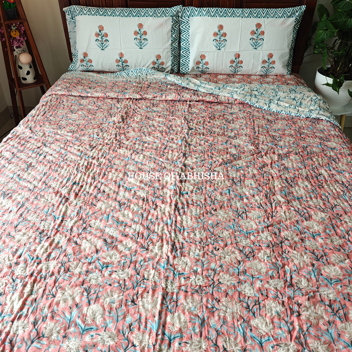 Rangrez Handblock Bedsheet + Quilt Combo Set