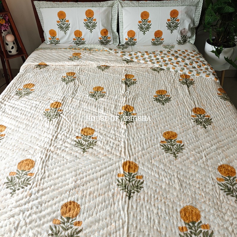 Genda Phool Handblock Bedsheet + Quilt Combo Set