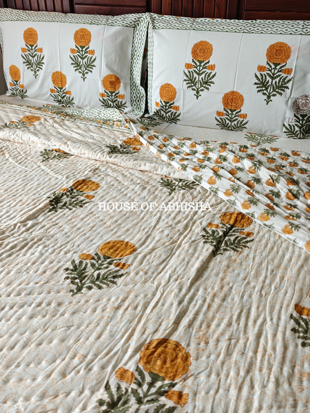 Genda Phool Handblock Bedsheet + Quilt Combo Set