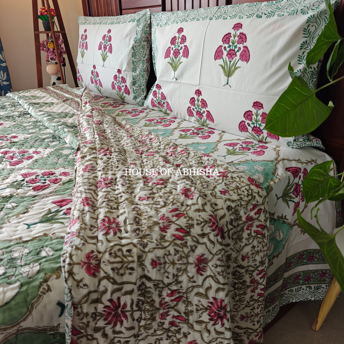The Bagh Handblock Bedsheet + Quilt Combo Set