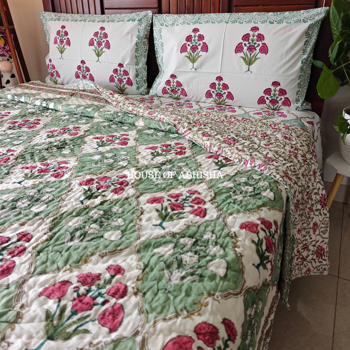 The Bagh Handblock Bedsheet + Quilt Combo Set