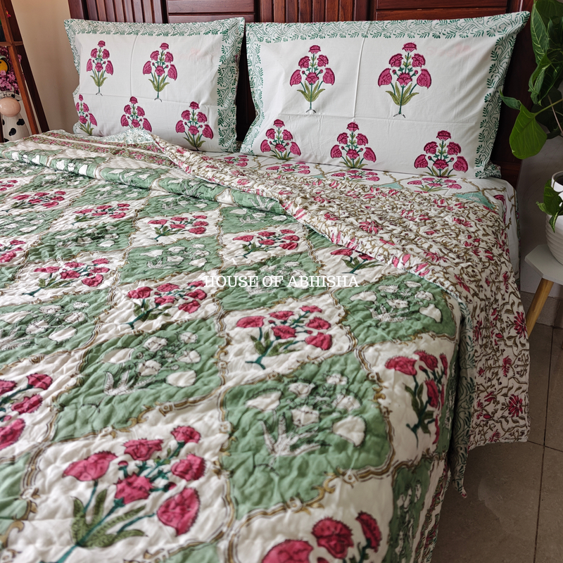 The Bagh Handblock Bedsheet + Quilt Combo Set