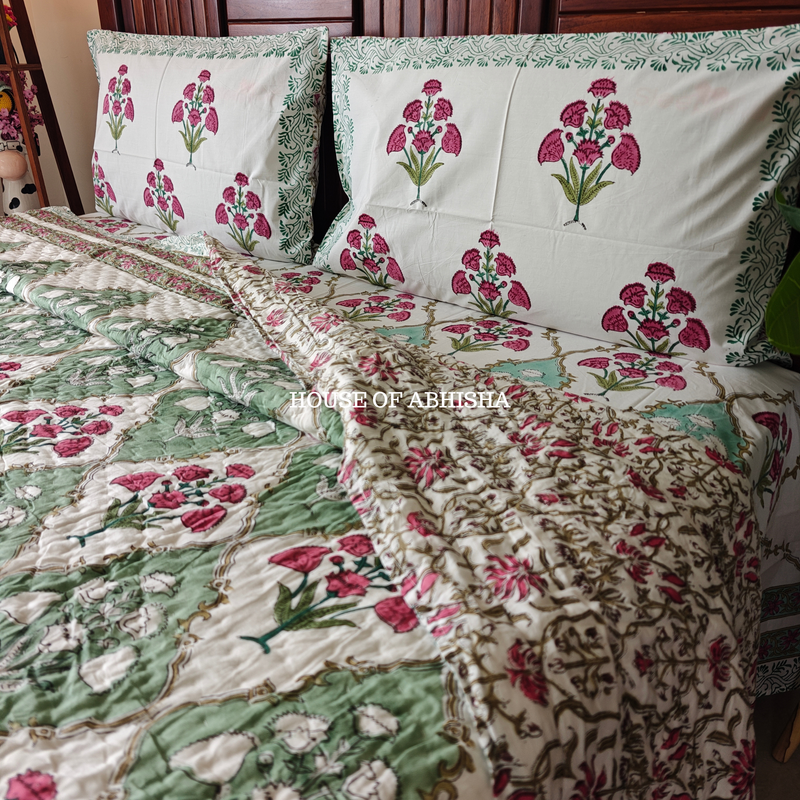 The Bagh Handblock Bedsheet + Quilt Combo Set