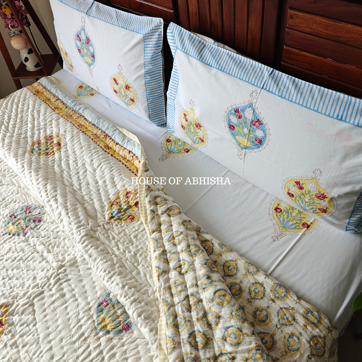 Madhavi Handblock Bedsheet + Quilt Combo Set