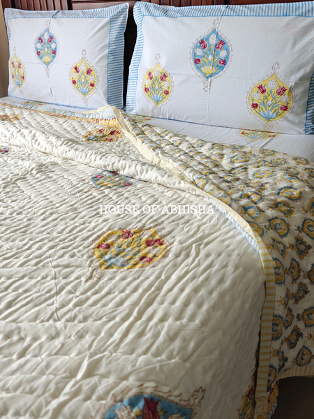 Madhavi Handblock Bedsheet + Quilt Combo Set