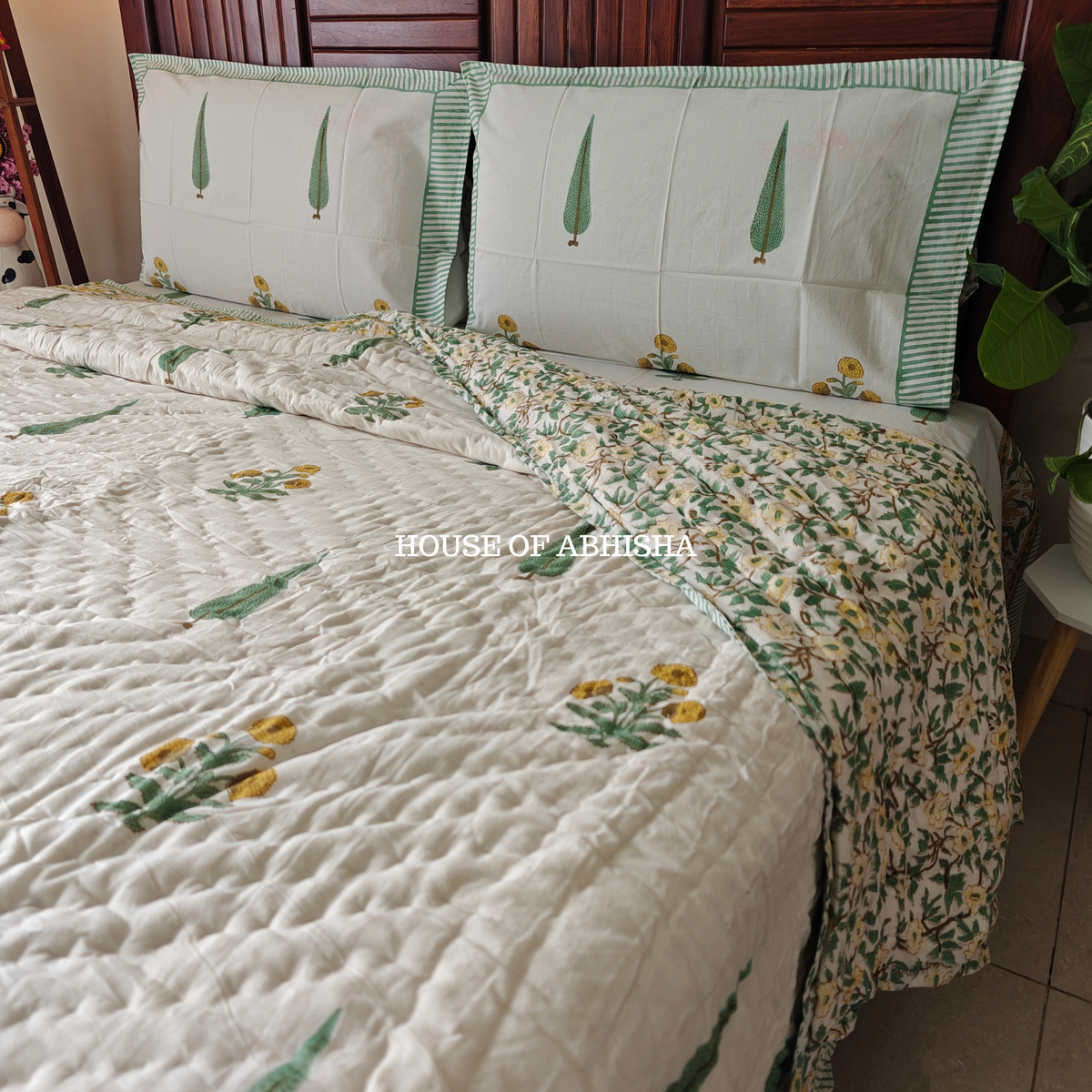 Parijat Handblock Bedsheet + Quilt Combo Set