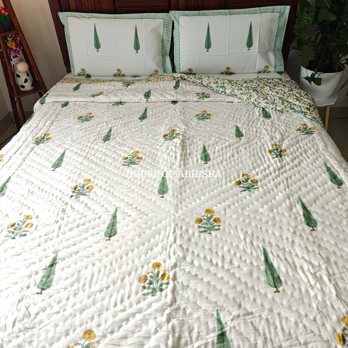Parijat Handblock Bedsheet + Quilt Combo Set