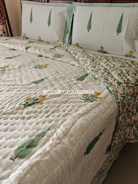 Parijat Handblock Bedsheet + Quilt Combo Set