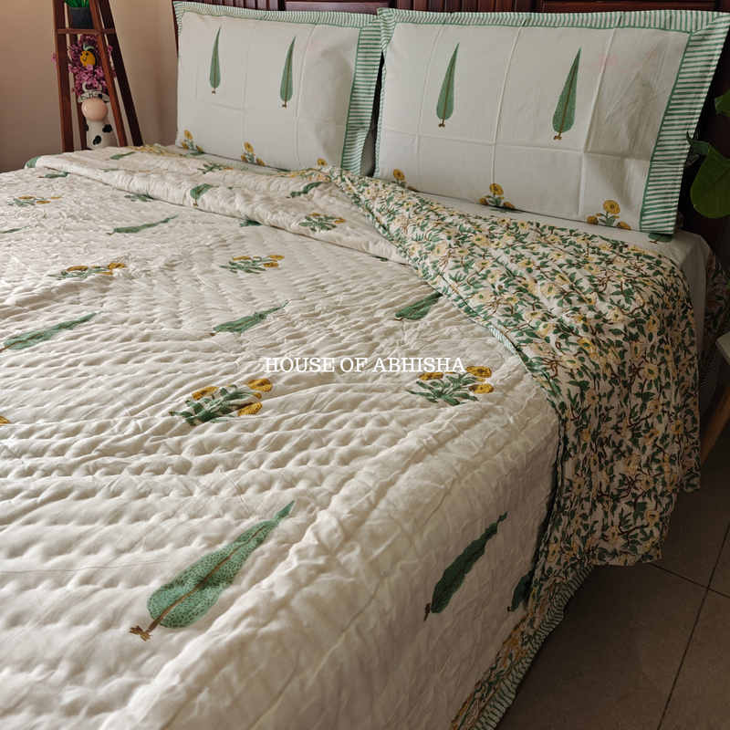 Parijat Handblock Bedsheet + Quilt Combo Set