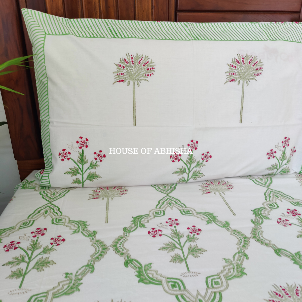 Garden Palm Hand Block Premium Bedsheet Set