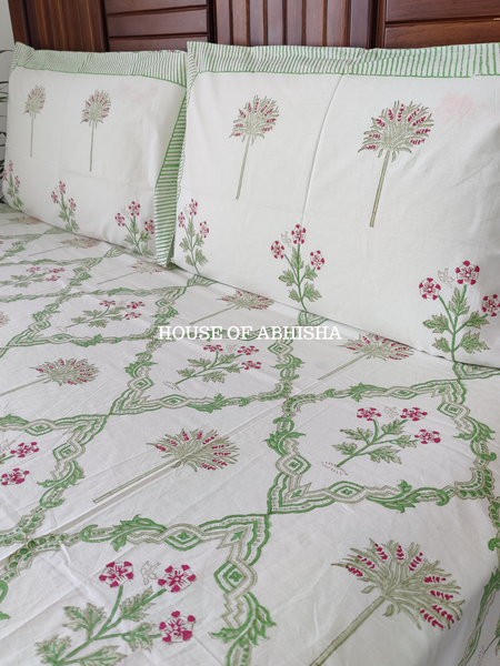 Garden Palm Hand Block Premium Bedsheet Set