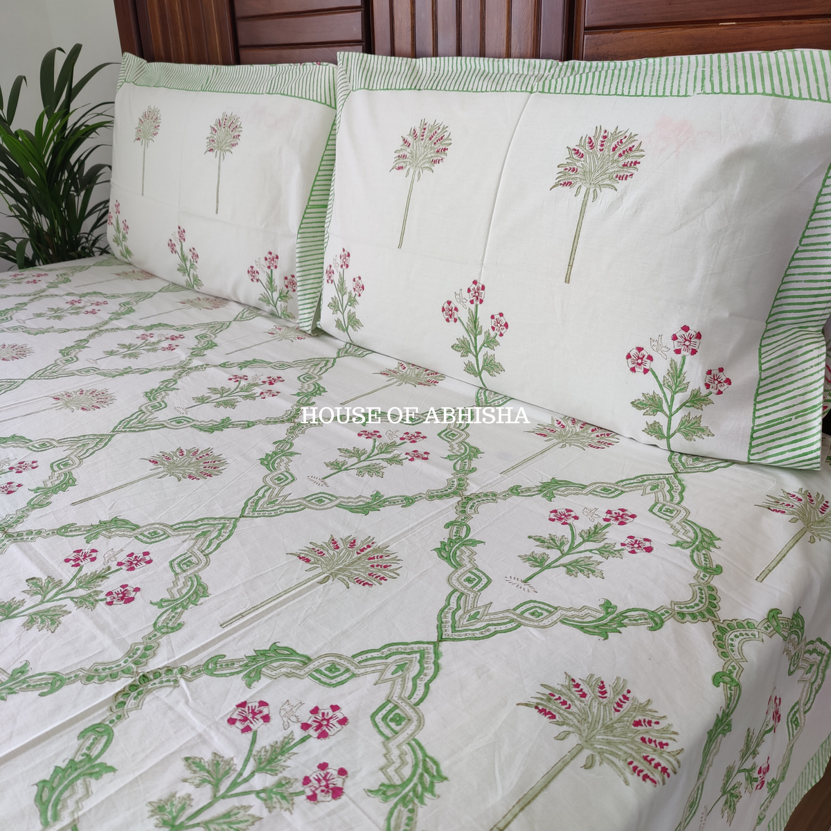 Garden Palm Hand Block Premium Bedsheet Set