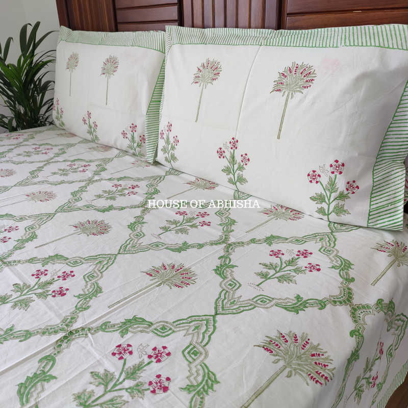 Garden Palm Hand Block Premium Bedsheet Set
