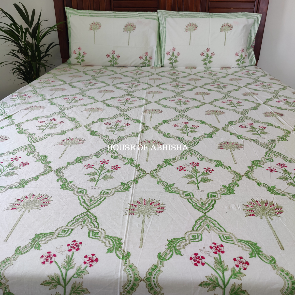 Garden Palm Hand Block Premium Bedsheet Set