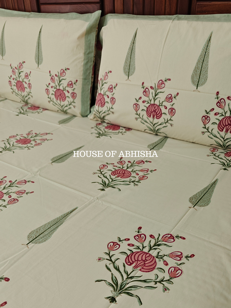 Dastoor Hand Block Premium Bedsheet Set (Beige Base)