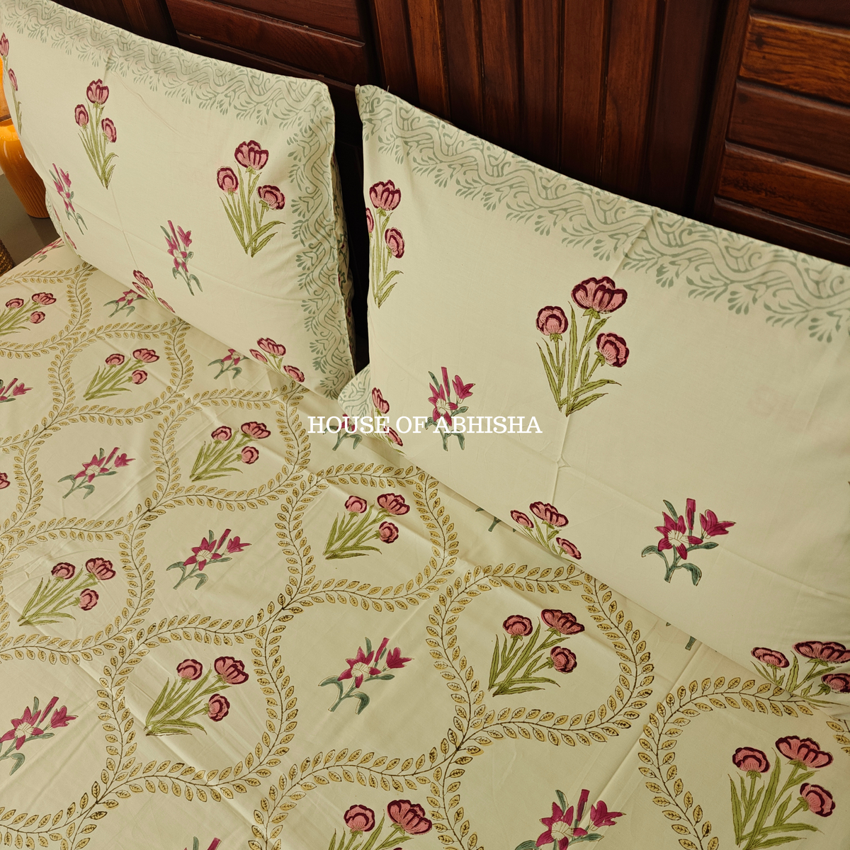 Bagh Buta Hand Block Premium Bedsheet Set (Beige Base)