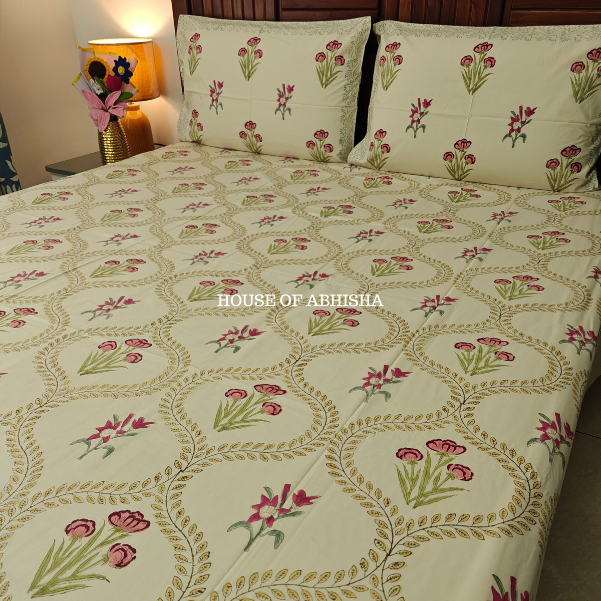 Bagh Buta Hand Block Premium Bedsheet Set (Beige Base)