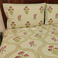 Bagh Buta Hand Block Premium Bedsheet Set (Beige Base)