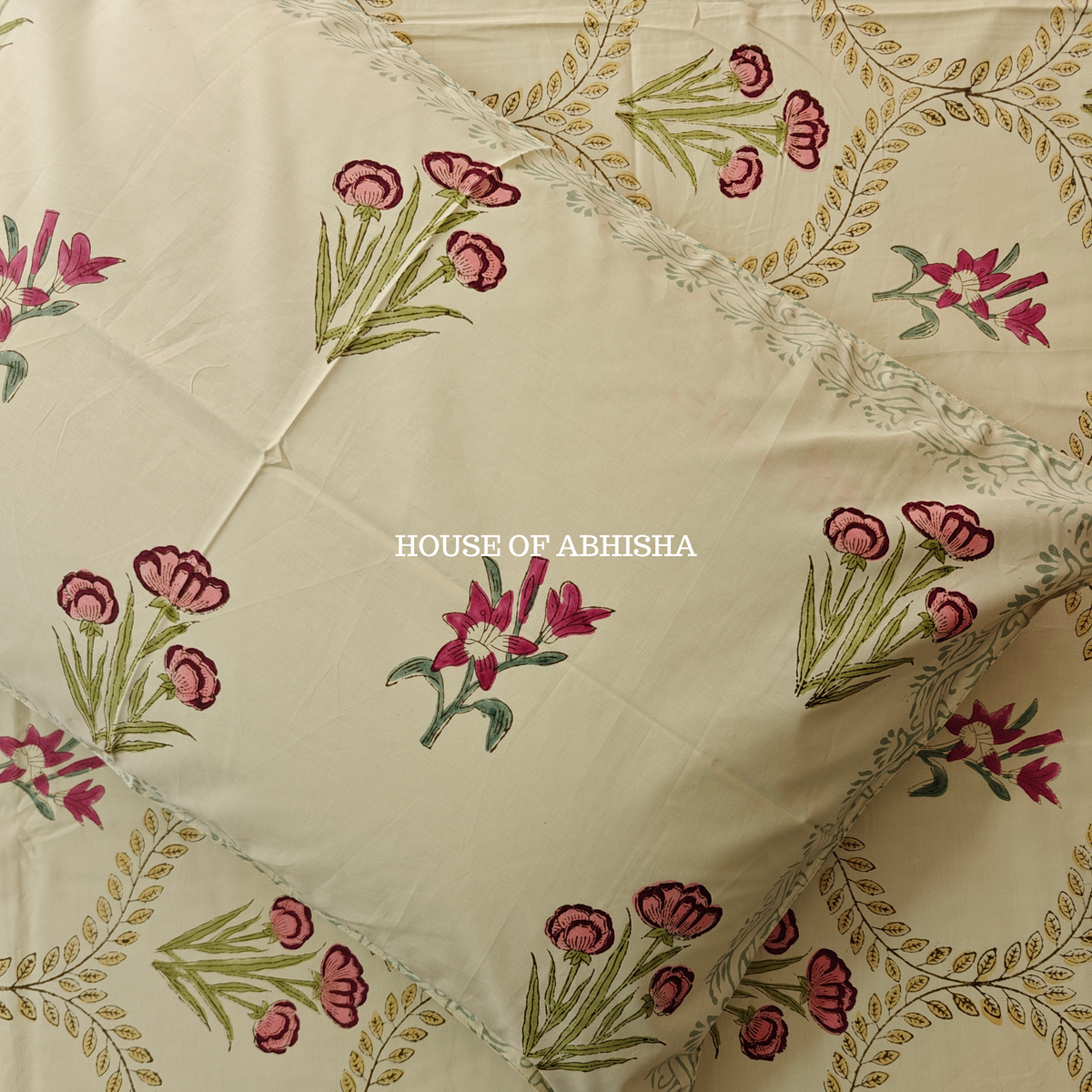 Bagh Buta Hand Block Premium Bedsheet Set (Beige Base)