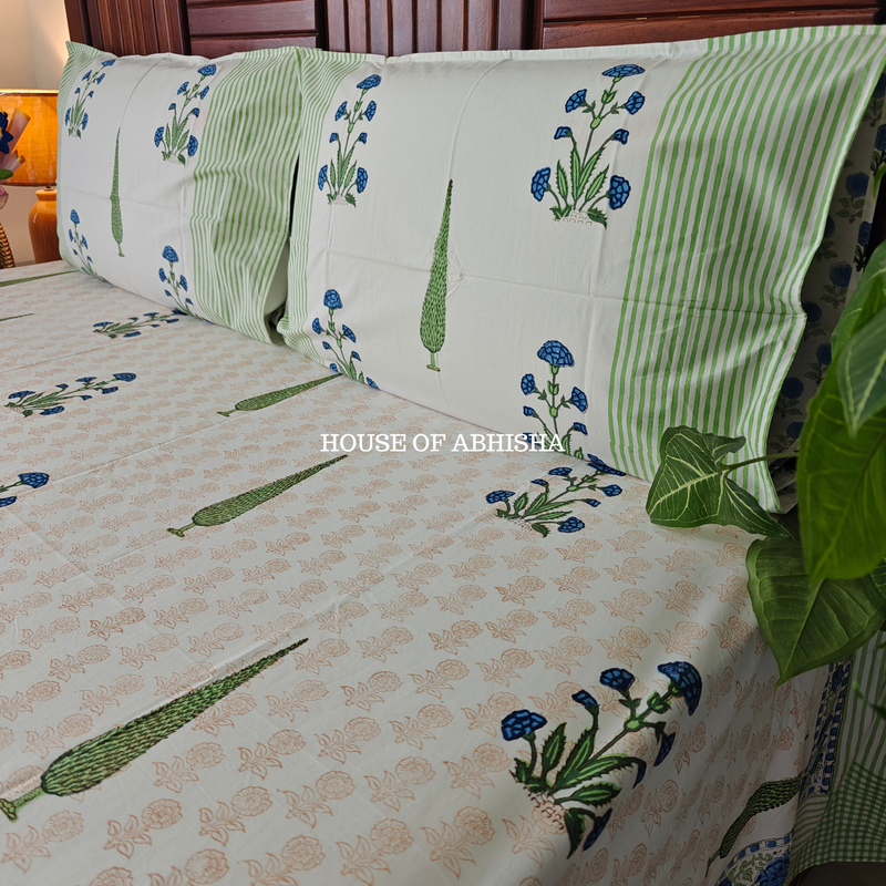 Phoolwari Hand Block Premium Bedsheet Set