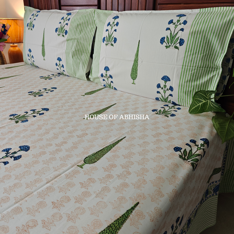Phoolwari Hand Block Premium Bedsheet Set