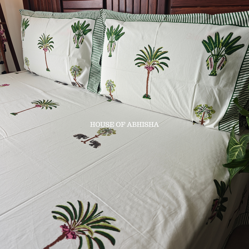 Tropical Palm Hand Block Premium Bedsheet Set
