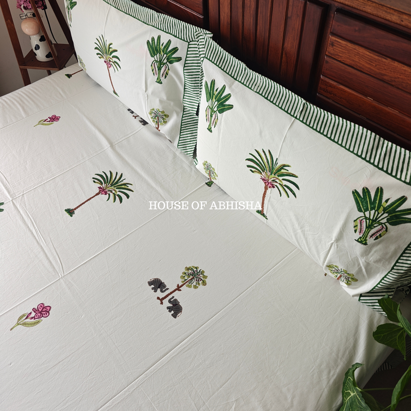 Tropical Palm Hand Block Premium Bedsheet Set