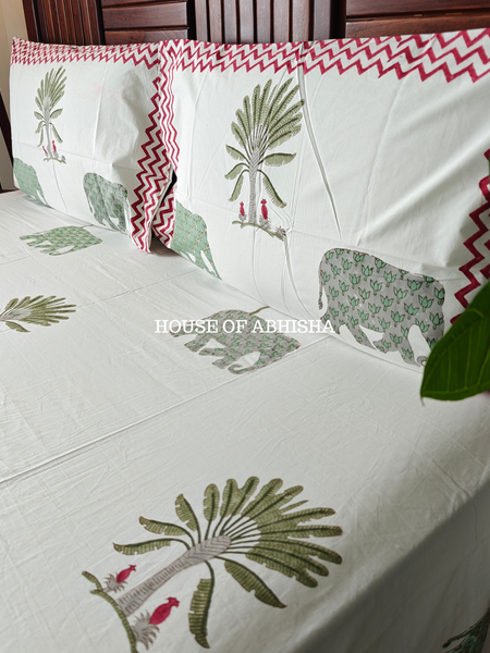 Hathi Palm Hand Block Premium Bedsheet Set