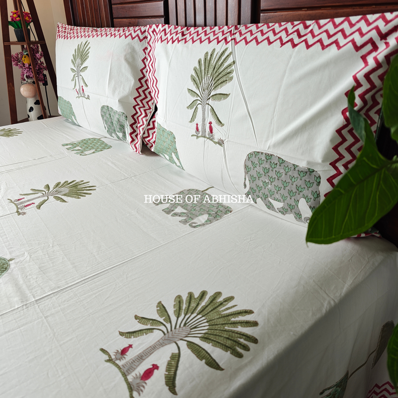 Hathi Palm Hand Block Premium Bedsheet Set