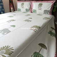 Hathi Palm Hand Block Premium Bedsheet Set