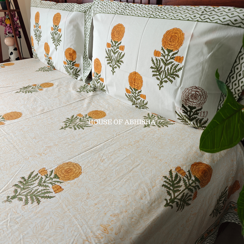 Genda Phool Hand Block Premium Bedsheet Set