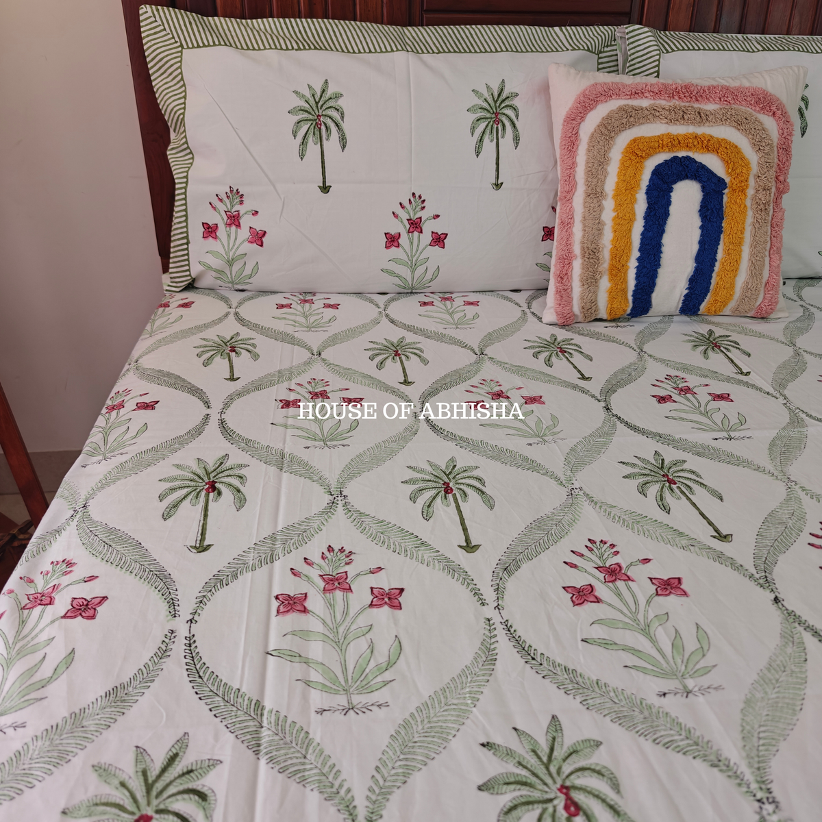 Palm & Petal Hand Block Premium Bedsheet Set