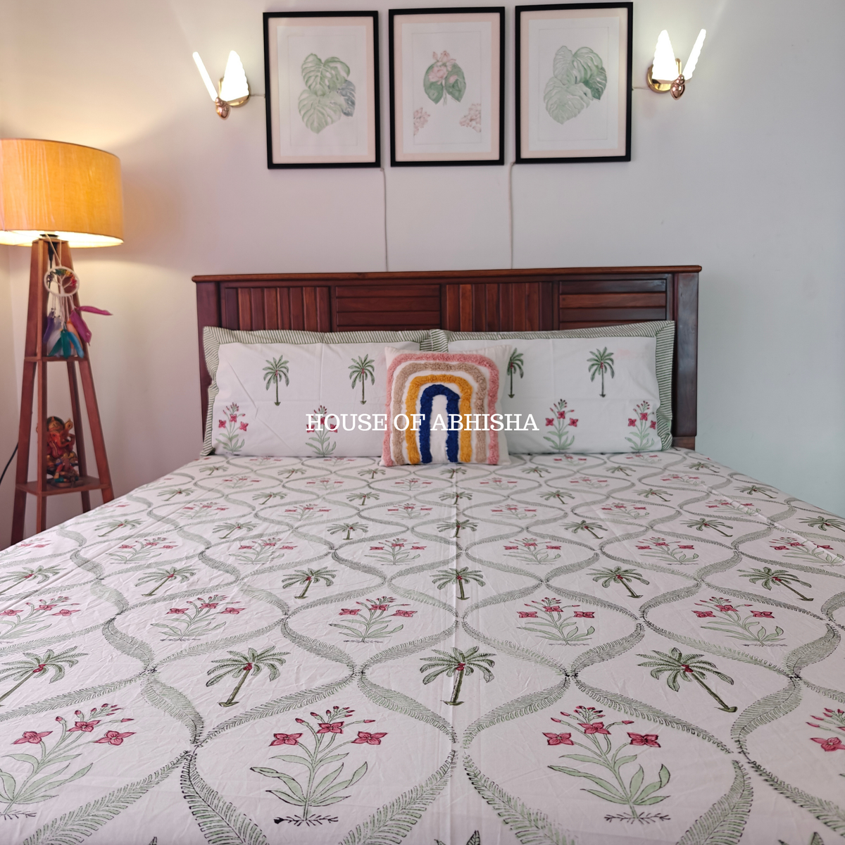 Palm & Petal Hand Block Premium Bedsheet Set