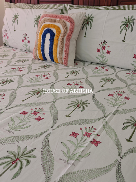 Palm & Petal Hand Block Premium Bedsheet Set