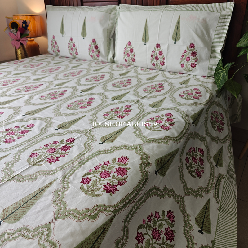 Garden Reverie Hand Block Premium Bedsheet Set