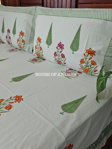 Kesar Bloom Hand Block Premium Bedsheet Set