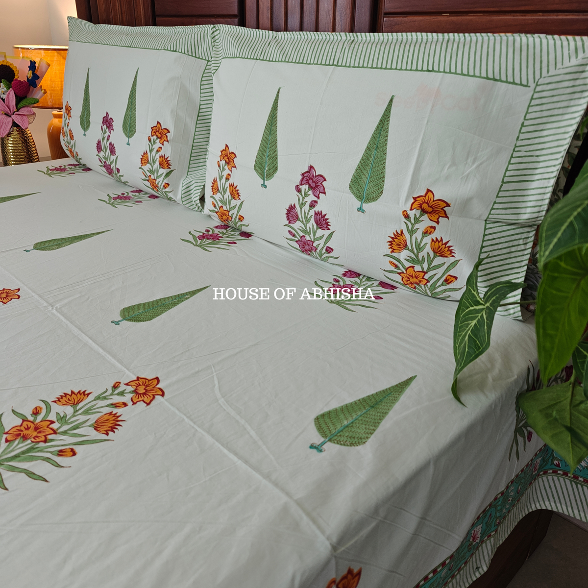 Kesar Bloom Hand Block Premium Bedsheet Set