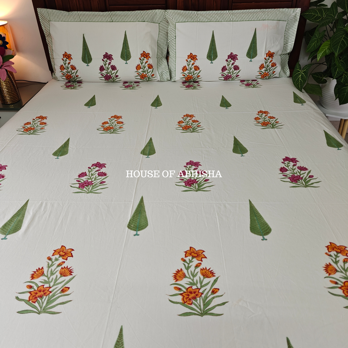 Kesar Bloom Hand Block Premium Bedsheet Set