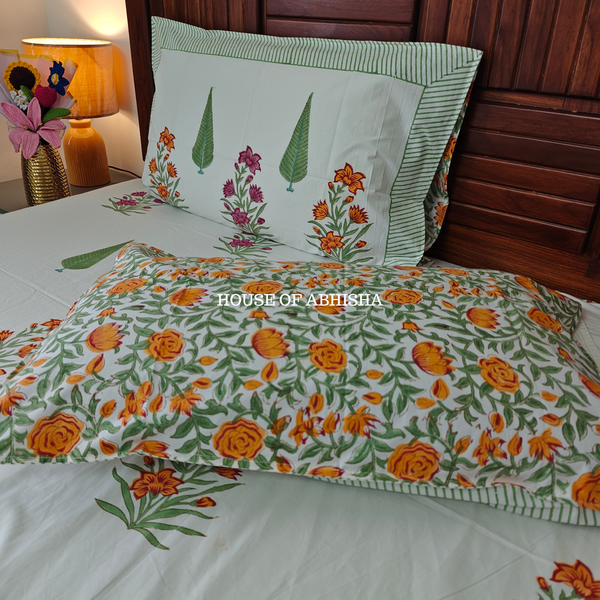 Kesar Bloom Hand Block Premium Bedsheet Set