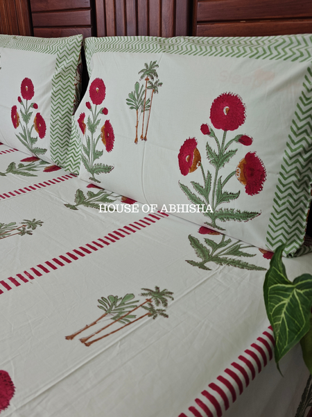 Red Marigold Hand Block Premium Bedsheet Set